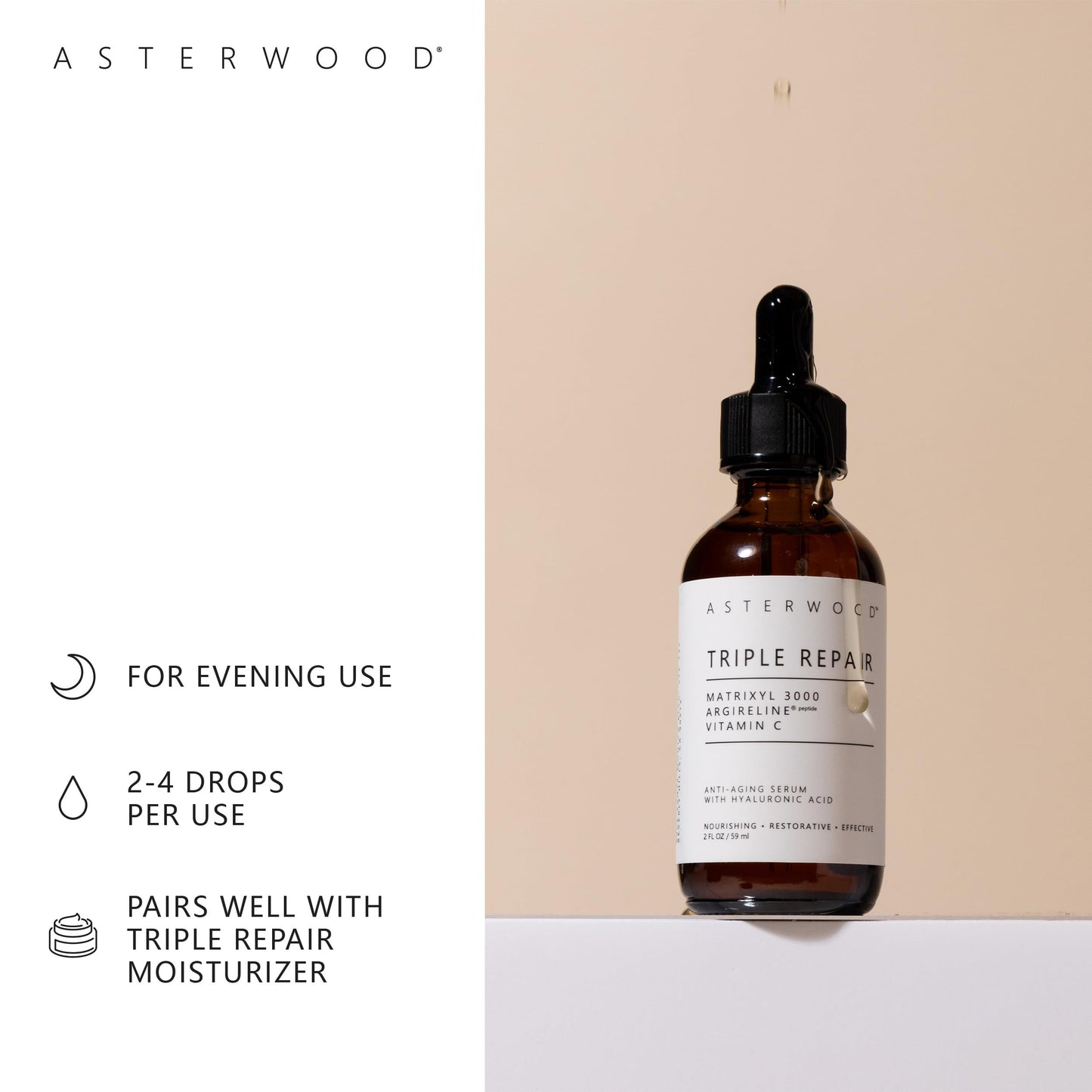 Asterwood Triple Repair Matrixyl 3000 + Argireline + Vitamin C Face Serum - Formulated with Hyaluronic Acid - Anti-Aging and Anti-Wrinkle - Peptides Serum For Face, 59ml/2 oz