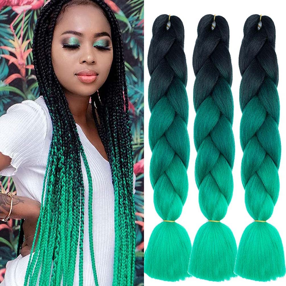 Braiding Hair Extensions 24 Inch Braiding Hair for Women Synthetic Ombre Jumbo Hair Extension for Crochet Braids Hair Hot Water Setting (24 Inch, Ombre Black to Deep green to Green)