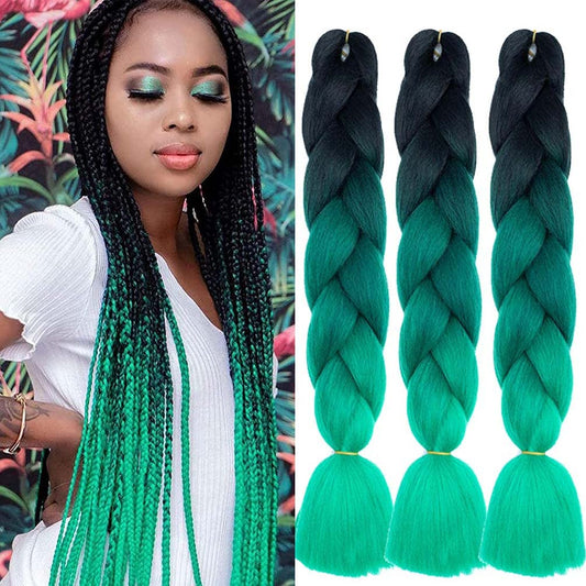 Braiding Hair Extensions 24 Inch Braiding Hair for Women Synthetic Ombre Jumbo Hair Extension for Crochet Braids Hair Hot Water Setting (24 Inch, Ombre Black to Deep green to Green)