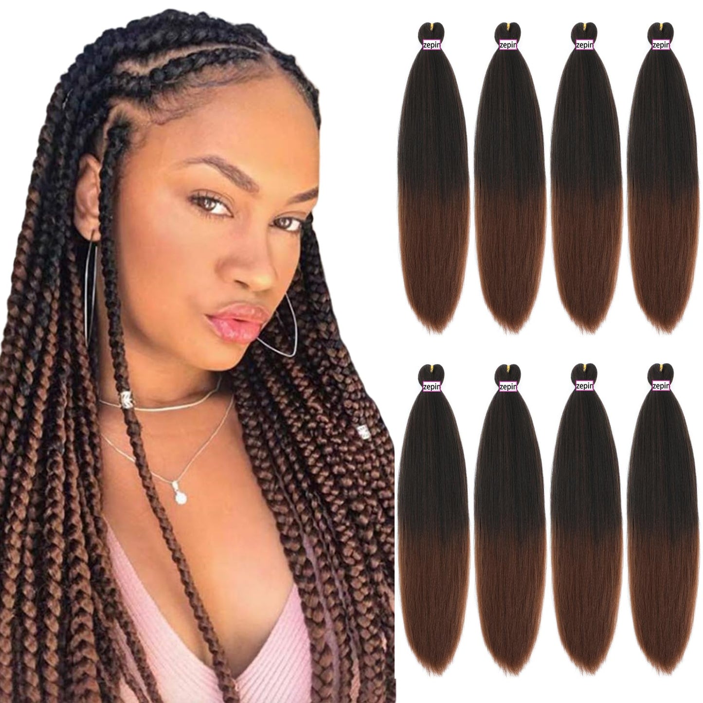 ZEPIN Pre Stretched Braiding Hair 16 Inch 8 Packs Professional Soft Yaki braiding Hair For Braids Hot Water Setting Synthetic Crochet Hair Extensions (16 Inch (Pack of 8), 1b/30)