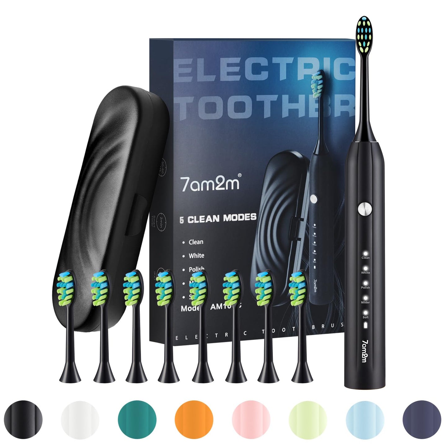 7AM2M Sonic Electric Toothbrush for Adults and Kids, with 8 Brush Heads and Travel Case,5 Modes with 2 Minutes Build in Smart Timer, One Charge Use for 90 Days, Rechargeable Toothbrushes(Black)