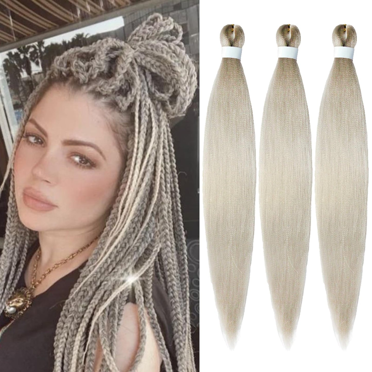 Silver Grey Pre stretched Braiding Hair, 26 Inches Box Braids Hair Extensions, 3 Packs Yaki Texture Braiding Hair Pre stretched