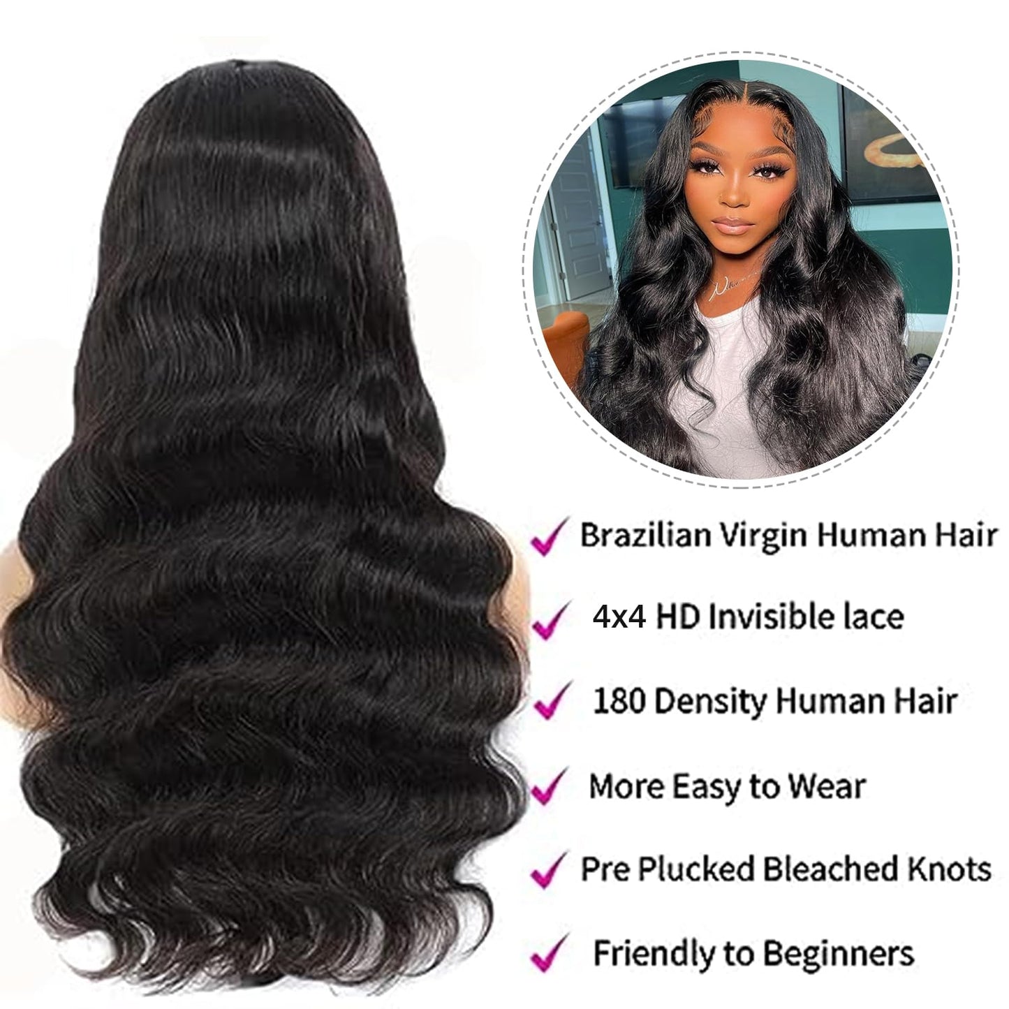 Tongce Wear and Go Glueless Wigs Human Hair Pre Plucked Pre Cut 4X4 HD Lace Closure Wigs Human Hair Body Wave Lace Front Wigs Human Hair 3 Seconds to Wear Glueless Wigs 180% Density 22 Inch