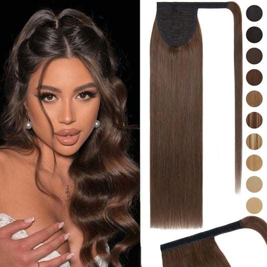 Rich Choices Ponytail Extension Human Hair #4 Medium Brown Real Hair Ponytail Extension Balayage One Piece Clip In Wrap Around Long Ponytail Extension Straight For Women 20 Inch 95g