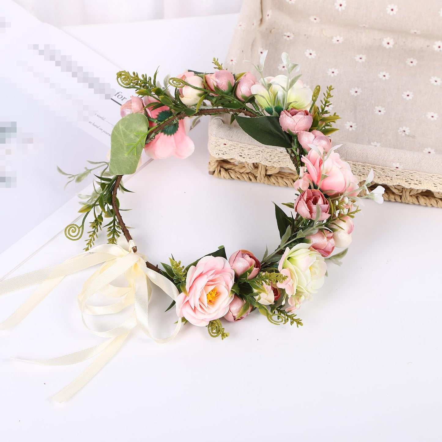 Vivivalue Women Floral Crown Girl Flower Headband Hair Wreath Floral Headpiece Halo Wedding Party Photos Pink