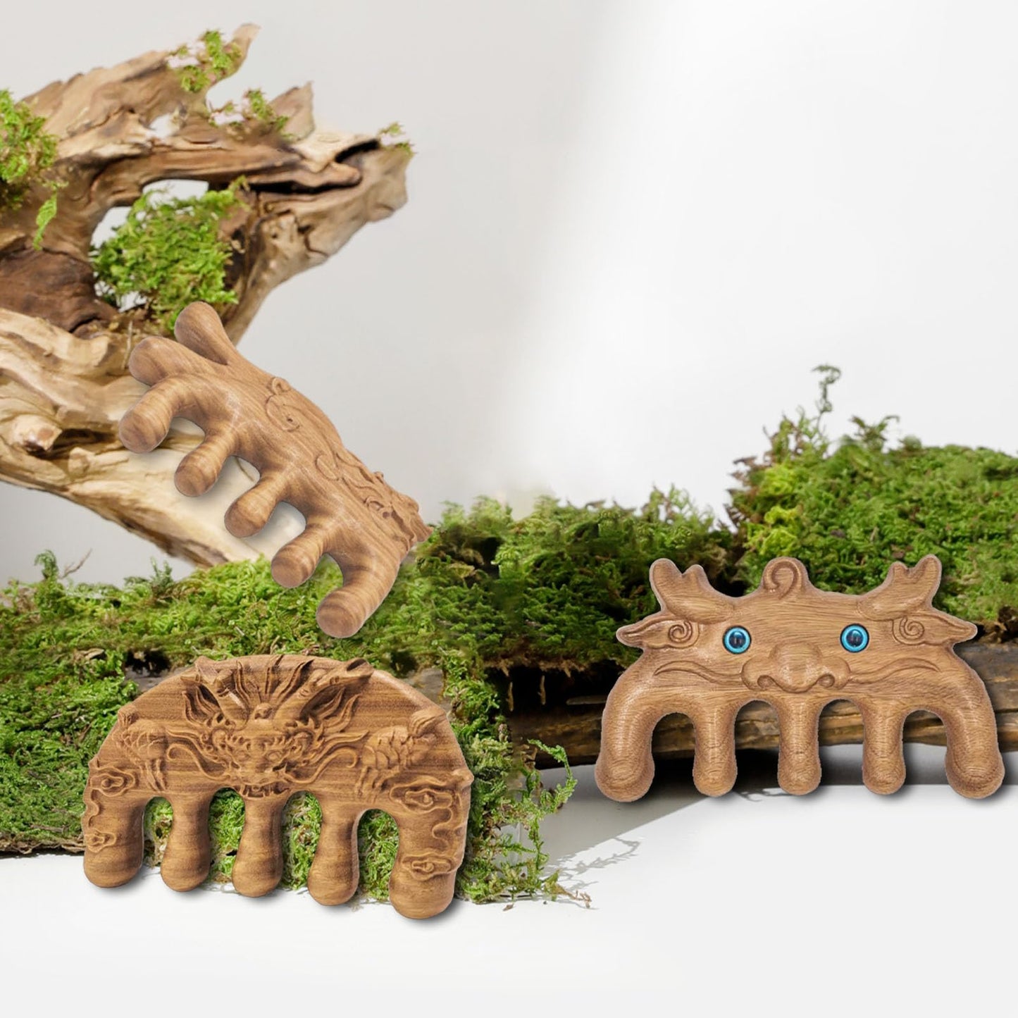 Rhinenet 3PCS Scalp Massager Natural Green Sandalwood Wood Massage Comb Wide Tooth Handmade No Static Head Massage Cute Animal Shapes Comb for Women Men Hair Neck Hands Legs Caring Tool (Dragon-3)