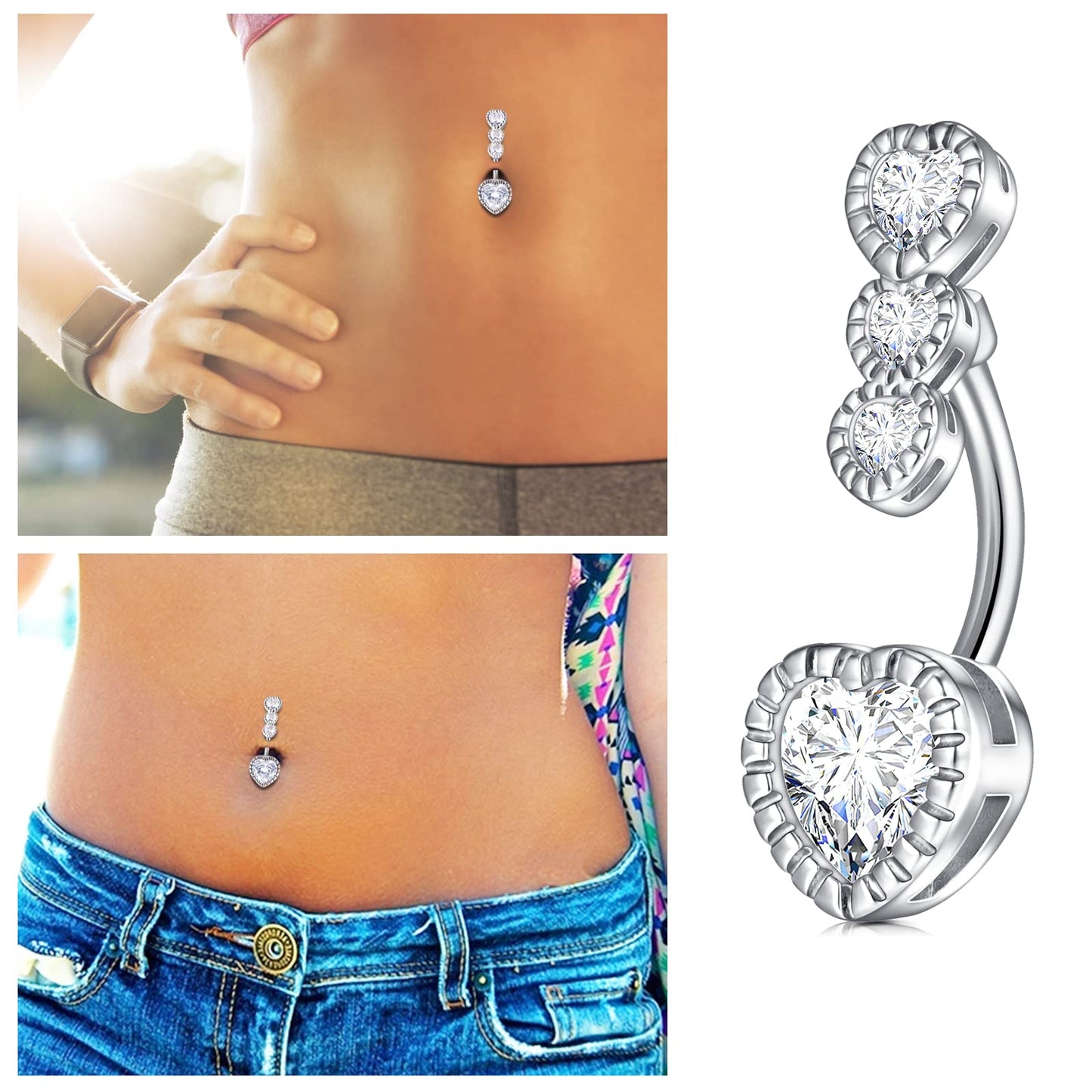 Belly Button Piercing kit,14G 316L Stainless Steel Silver Belly Button Ring with 12G Piercing Needles and Piercing Clamps Body Piercing Tool for Navel Belly Piercing