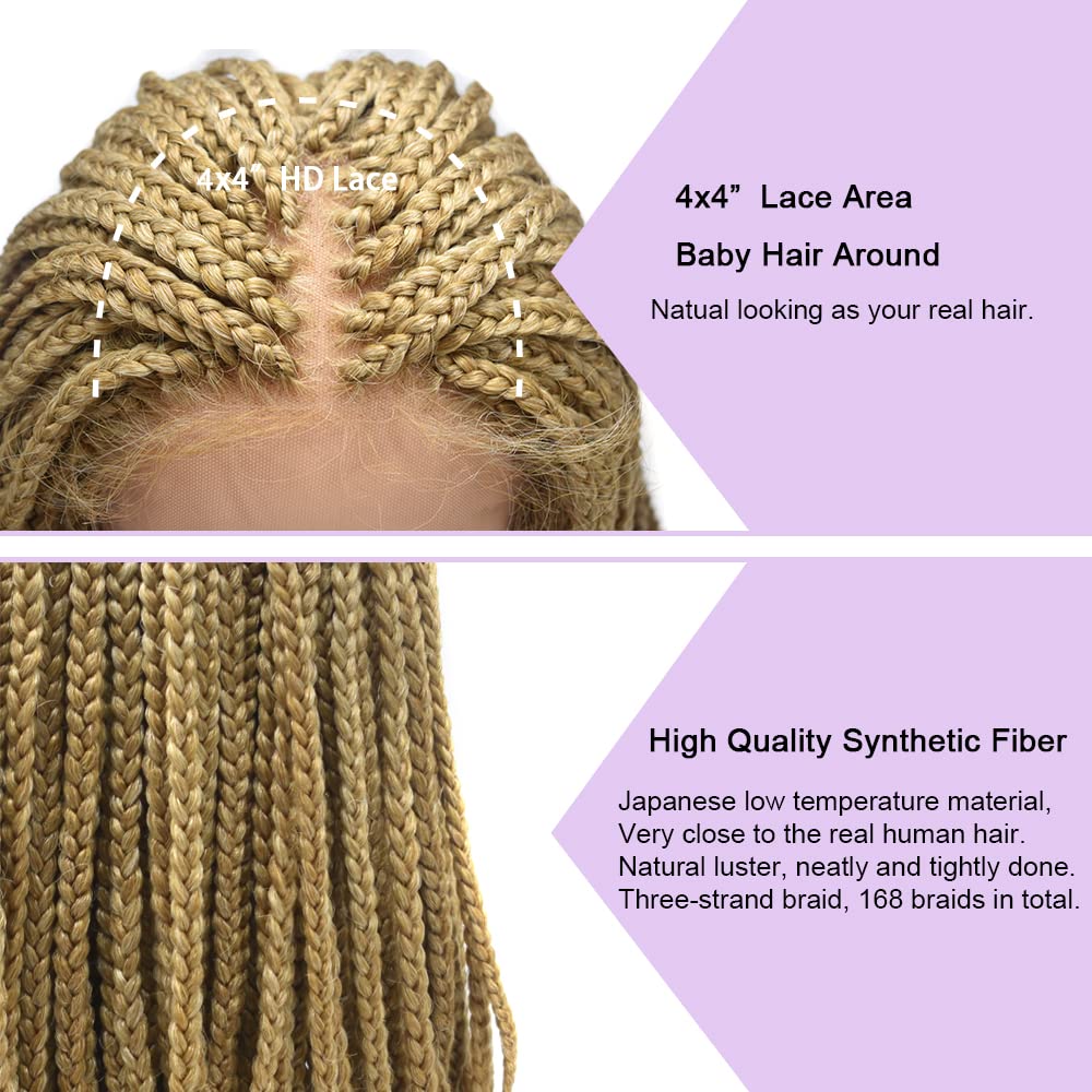 Swiss Lace Front Twist Box Braids Wigs with Baby Hair for Black Women Natural Looking Premium Quality Synthetic Shoulder Length Lightweight Hand Braided Cornrow Glueless Wigs (#27/613M Blonde)
