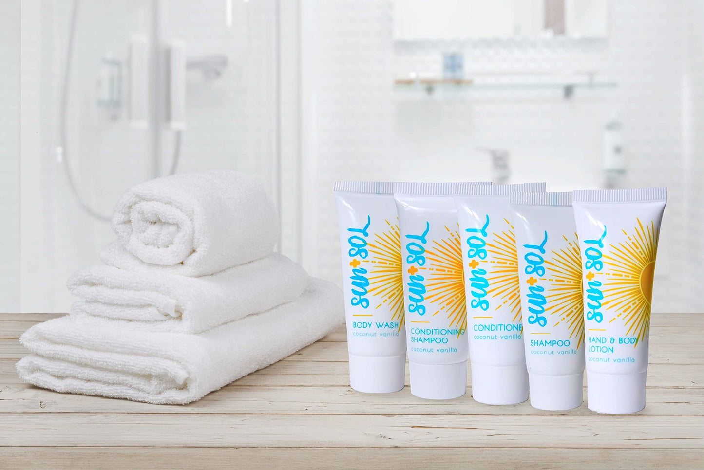 World Amenities - Sun + Sol Bulk Refreshing Body Wash With Warm Coconut & Vanilla Fragrances, Travel Size Toiletries, Mini Hotel Amenities