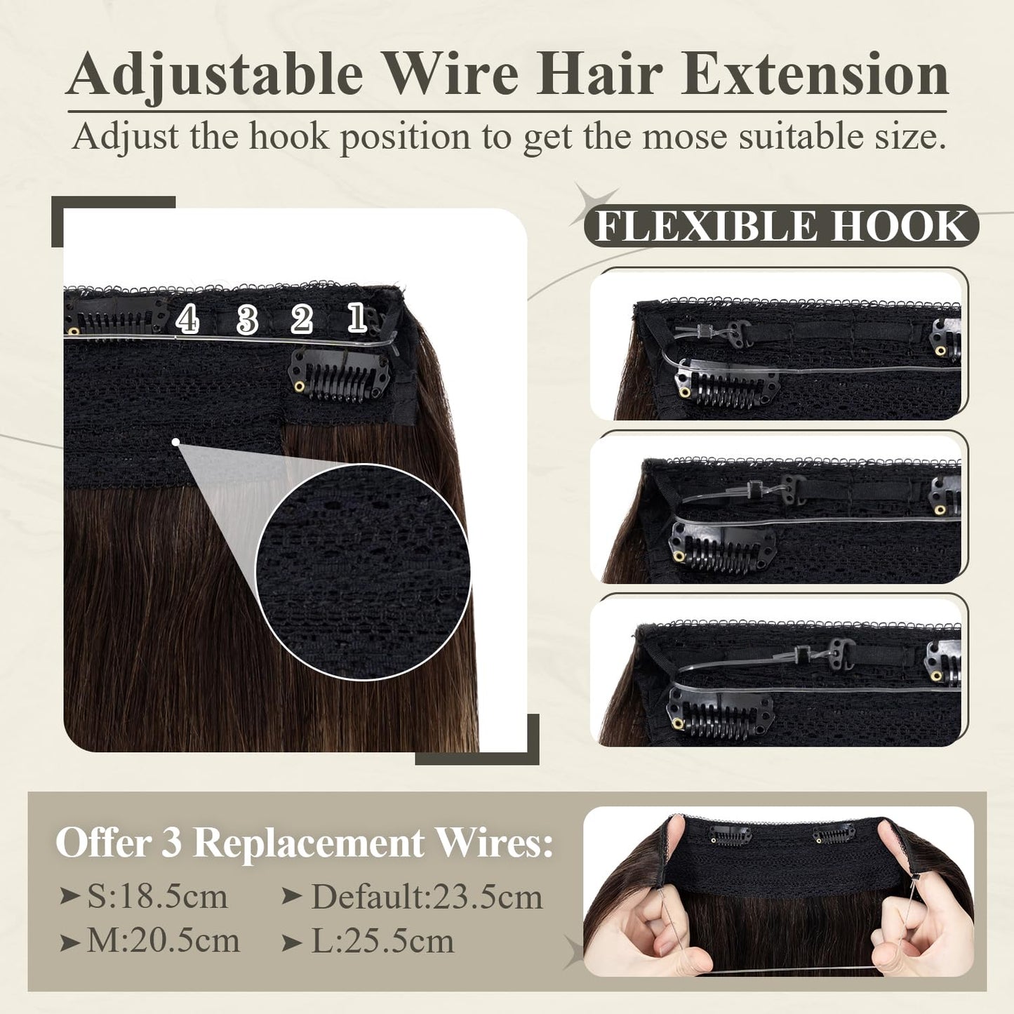 SLEEKALON Invisible Wire Hair Extensions Real Human Hair 16 Inch Dark Brown to Light linen Mix Brown Halo Hair Extensions with Clips Adjustable Fish Line Wire Hair Extensions For Women 95g,#2T2P6