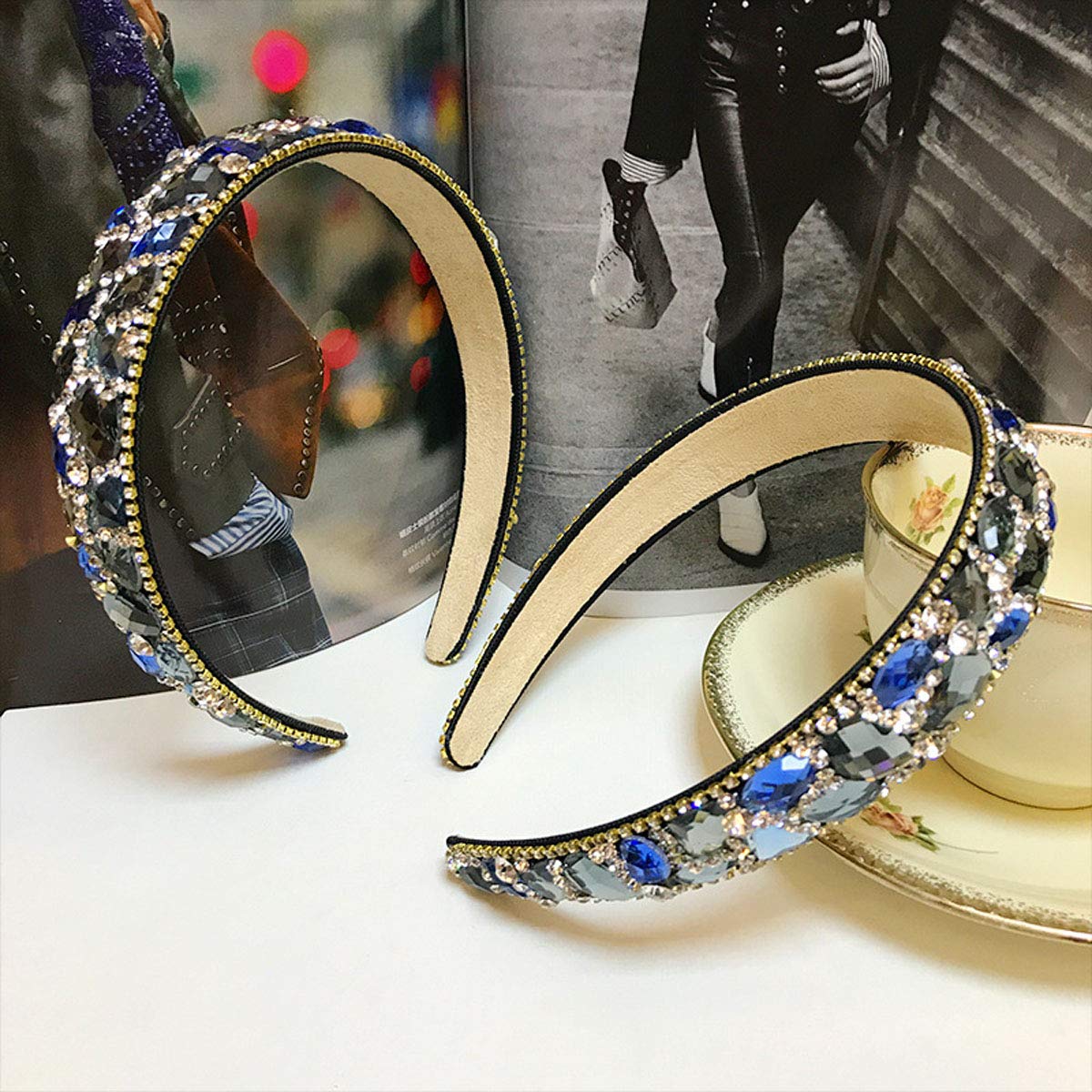 Women Lady Fashion Hair-Band Jewel Headbands Handmade Luxury Irregular Sparkle Crystal Rhinestone Wide-edge Headband Hair Hoop (Blue)