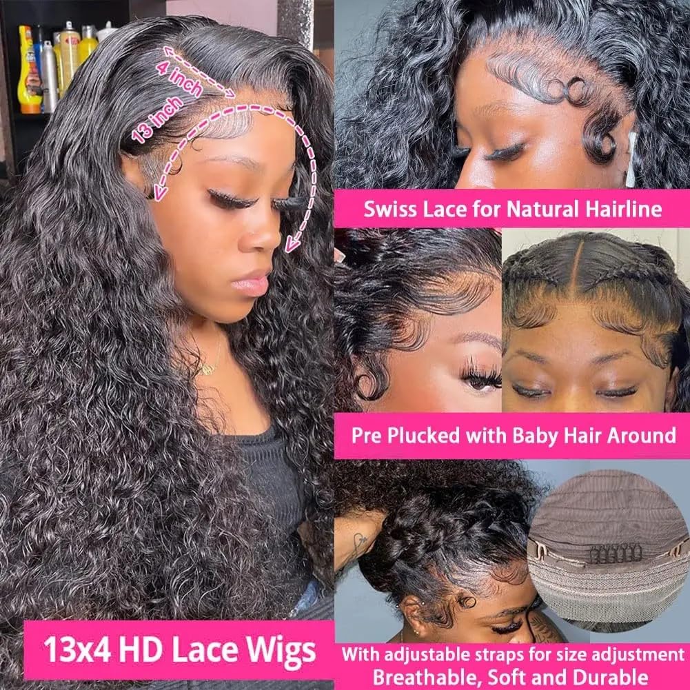 250% Density 13x4 deep Wave lace Front Wigs 250% Density Human Hair HD Transparent Curly Lace Frontal Wigs Human Hair for Black Women Pre Plucked Curly Wave Lace Front Wigs (Natural Color, 18inch)