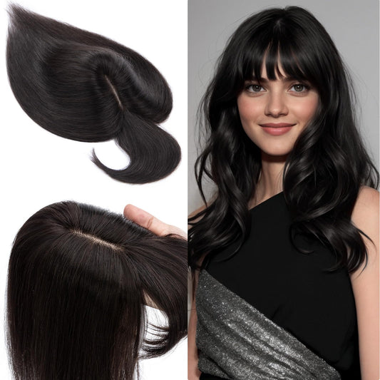 SEGO 100% Real Human Hair Toppers with Bangs,Silk Base 150% Density Clip in Topper Top 2.7”x5.1” Hair Pieces for Women with Thinning Hair/Hair Loss Cover Gray Hair