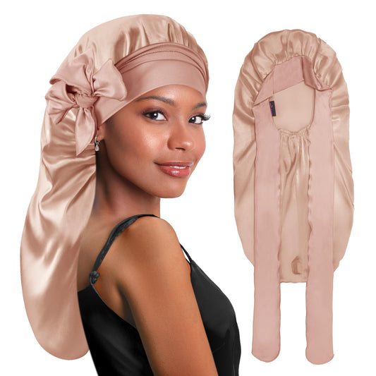 BONNET QUEEN Bonnet for Braids Silk Bonnet Satin Bonnet Braid Bonnet for Sleeping Large Long Hair Bonnet Sleep Cap with Tie Band Champagne