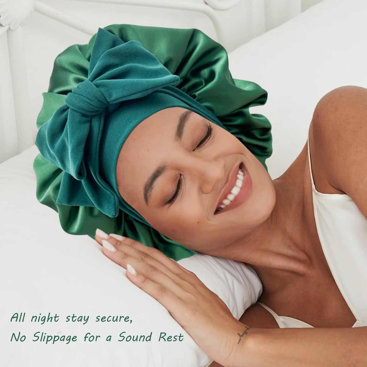 Satin Bonnet Silk Bonnet for Sleeping Women Hair Bonnet for Curly Hair Head Wrap Scarf Night Sleep Cap Bonnets for Black Woman Hair Accessories for Women Men Girls with Elastic Tie Band(Green)