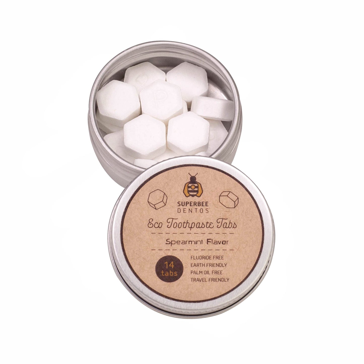 SuperBee Dentos Toothpaste Tablets, 14 Toothpaste Tabs, Fluoride Free & Eco Friendly, Travel Mouthwash Tablets, Sensitive Toothpaste Bites Kids Adults, Chewable Toothpaste Tablet, Spearmint