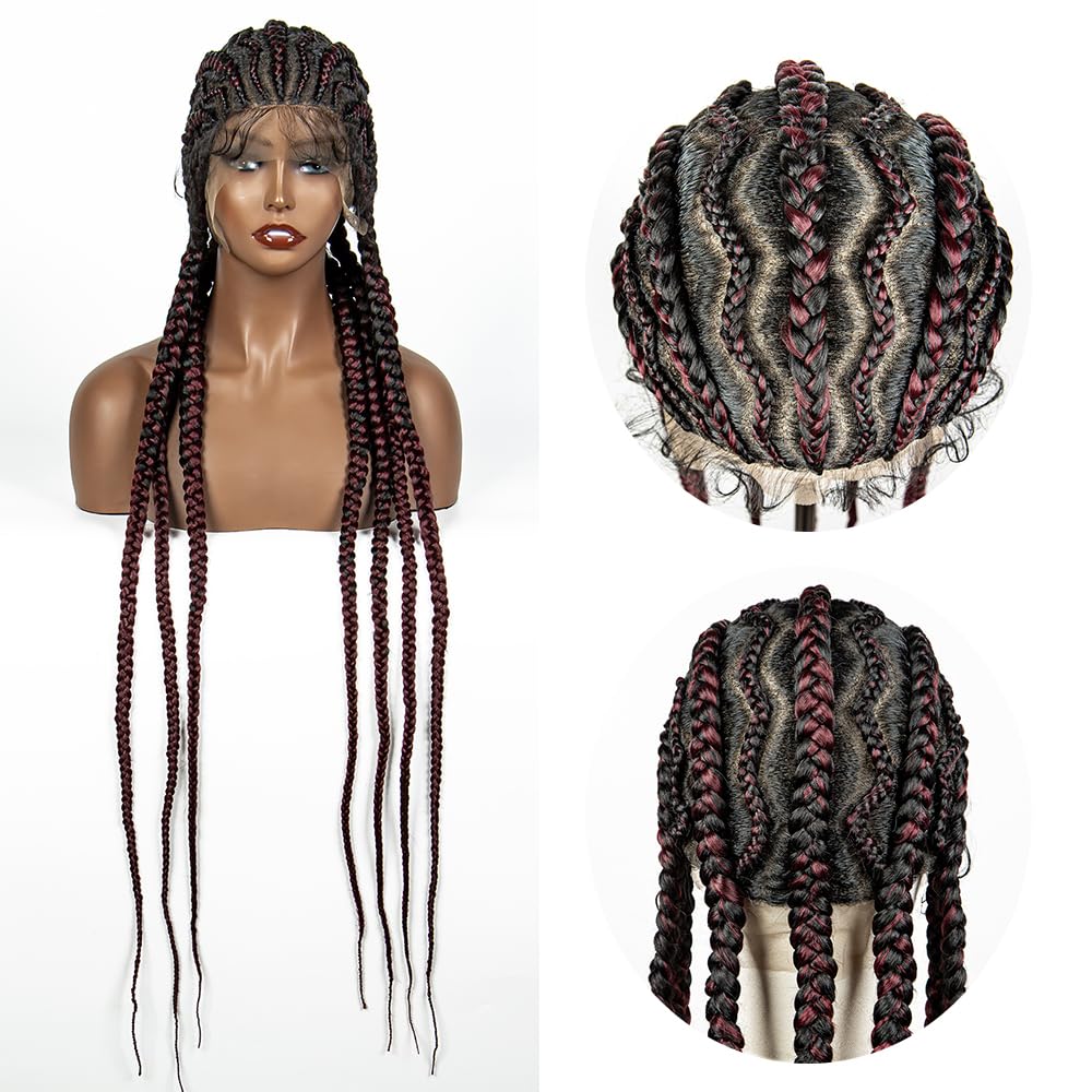 sedittyhair Braided Wigs Synthetic Full Head Lace Wig Braided Wigs for Black Women 36 Inches Braiding Hair Burgundy Color Lace Frontal Lightweight Artificial Braids Wigs with Baby Hair