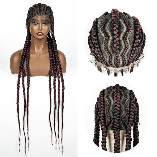 sedittyhair Braided Wigs Synthetic Full Head Lace Wig Braided Wigs for Black Women 36 Inches Braiding Hair Burgundy Color Lace Frontal Lightweight Artificial Braids Wigs with Baby Hair