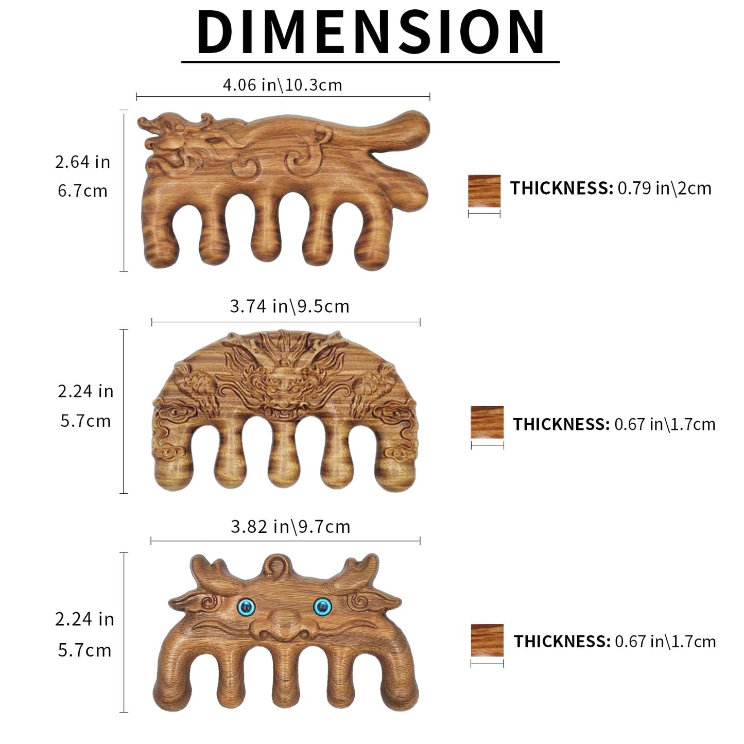 Rhinenet 3PCS Scalp Massager Natural Green Sandalwood Wood Massage Comb Wide Tooth Handmade No Static Head Massage Cute Animal Shapes Comb for Women Men Hair Neck Hands Legs Caring Tool (Dragon-3)