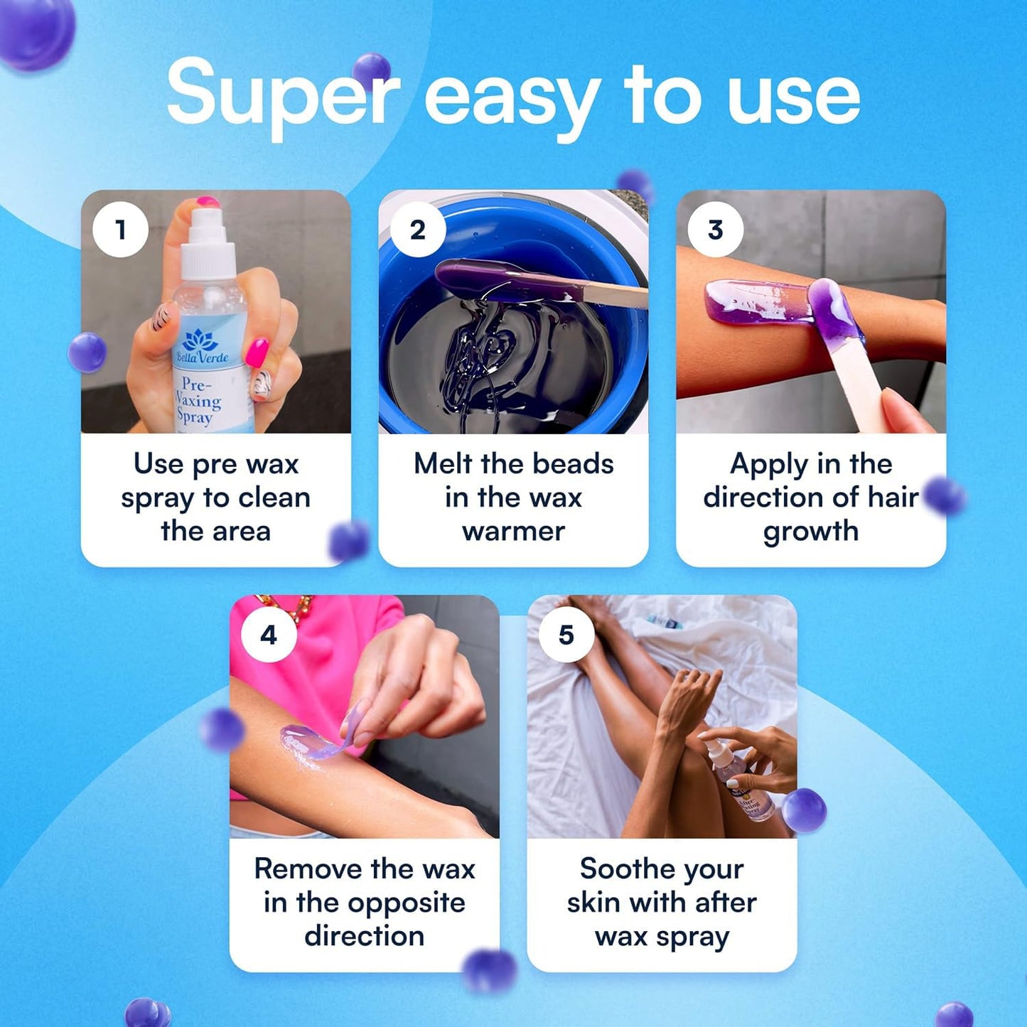 Bella Verde Waxing Kit - Home Wax Kit for Women and Men - Wax Warmer - 5+1 Packs of Wax Beads - Pre & Post Wax Spray 20 Wood Sticks - Hard Wax Beans for Brazilian Body Legs Eyebrows Face Lips