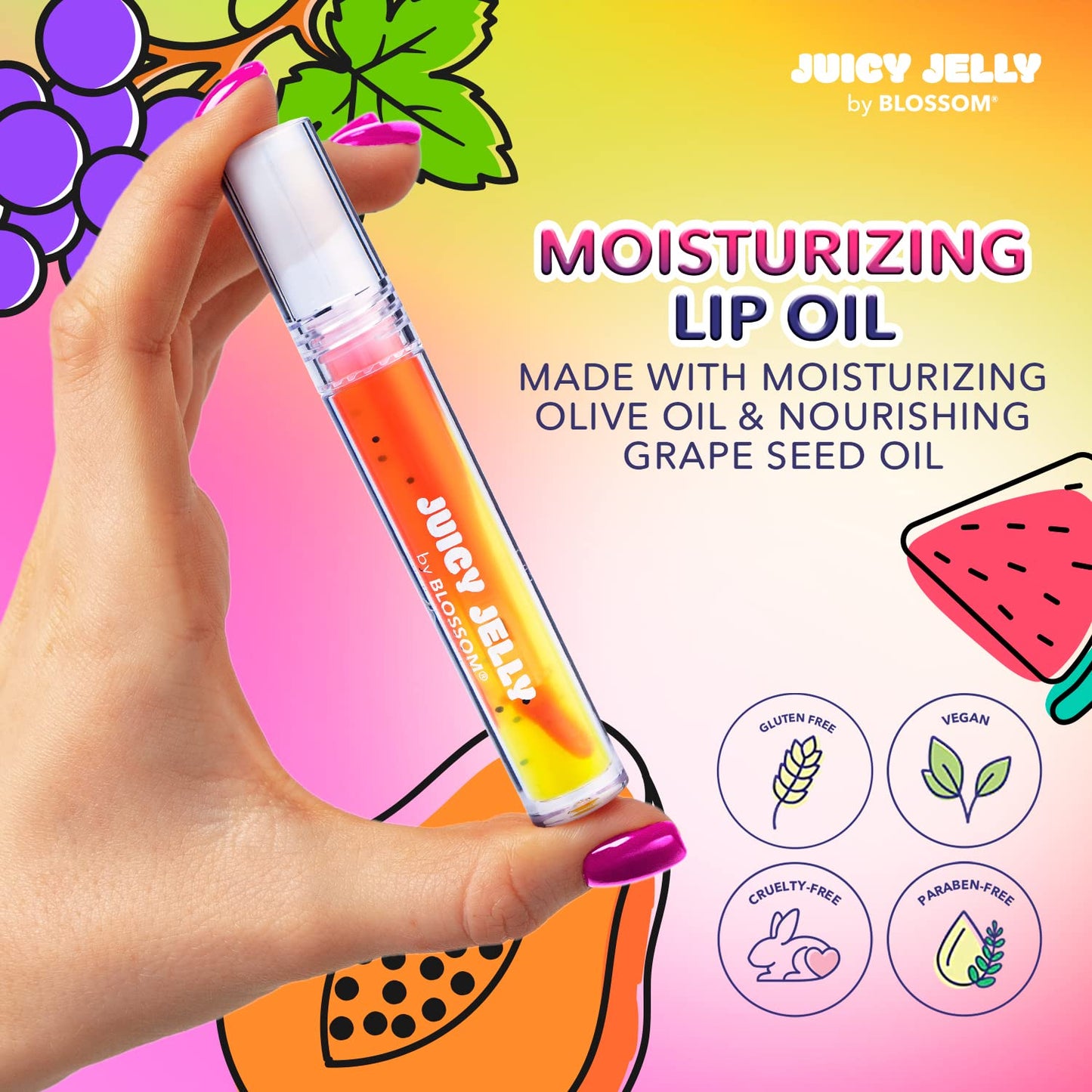 Blossom Juicy Jelly Moisturizing Lip Care Fruit Flavored Nourishing Lip Oil with Doe Foot Wand Applicator, 0.09 fl oz, Papaya