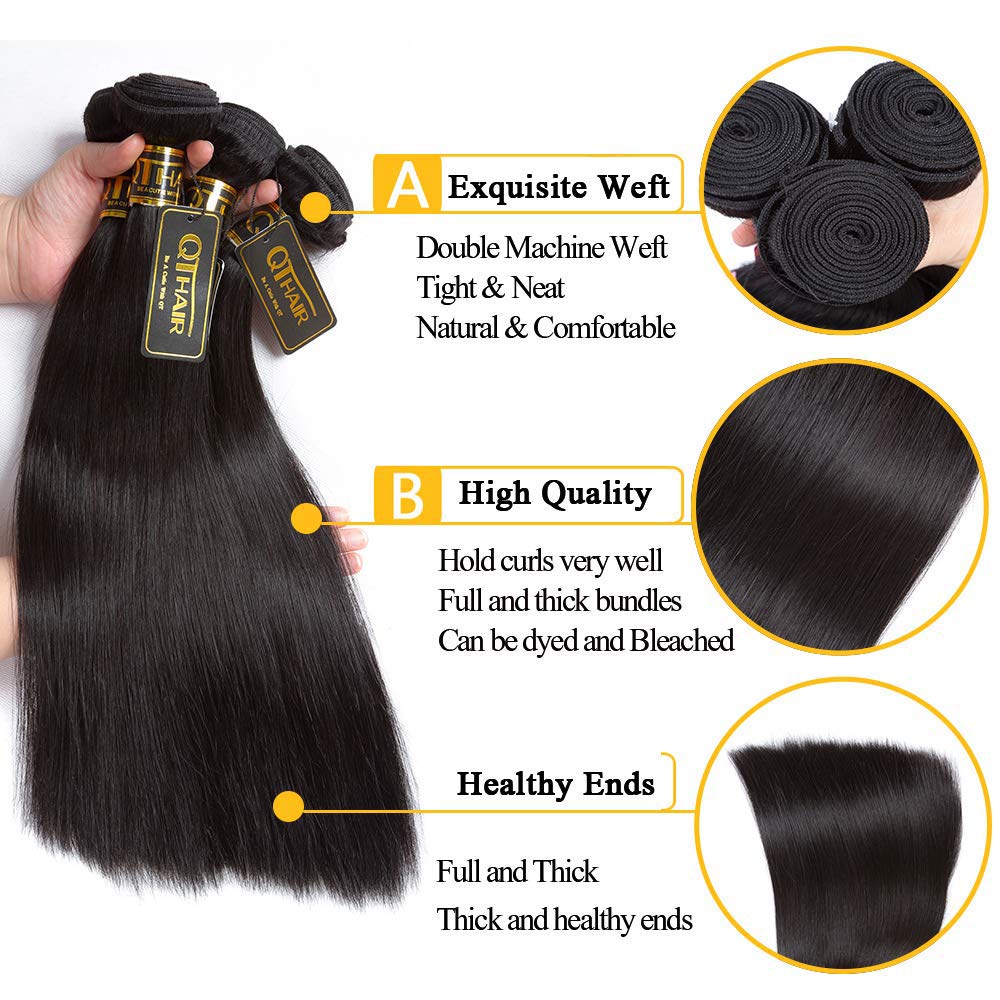 QTHAIR 14A Grade Brazilian Straight Human Hair Bundles With Frontal (12 14 16+10 13x4 Ear to Ear Lace Frontal 100% Unprocessed Virgin Brazilian Human Hair Straight Hair Natural Color