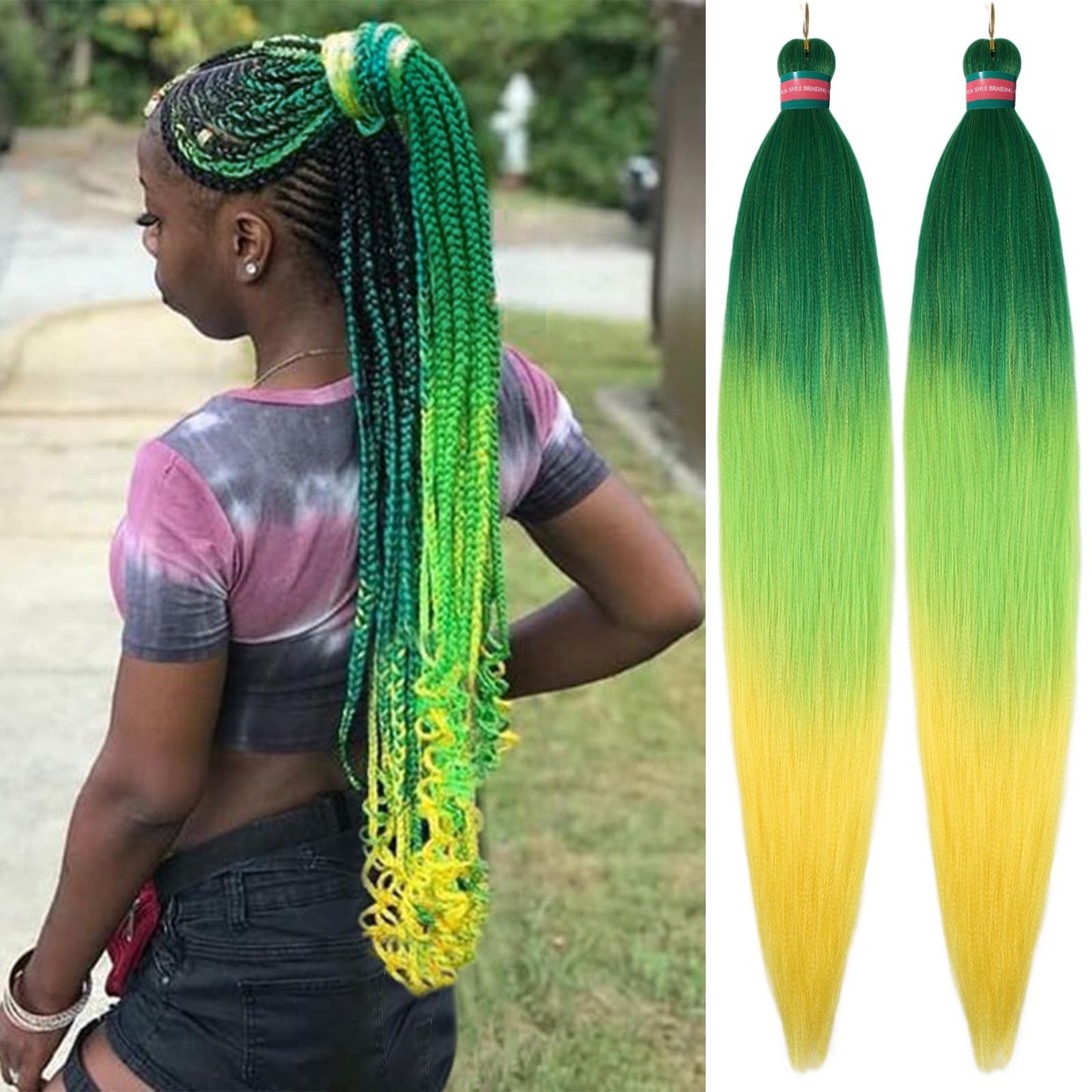 RUN SHUI Ombre Green Yellow Pre stretched Braiding Hair 2 Packs Pre feathered Braid Hair Extensions 30 Inches Hair Braids