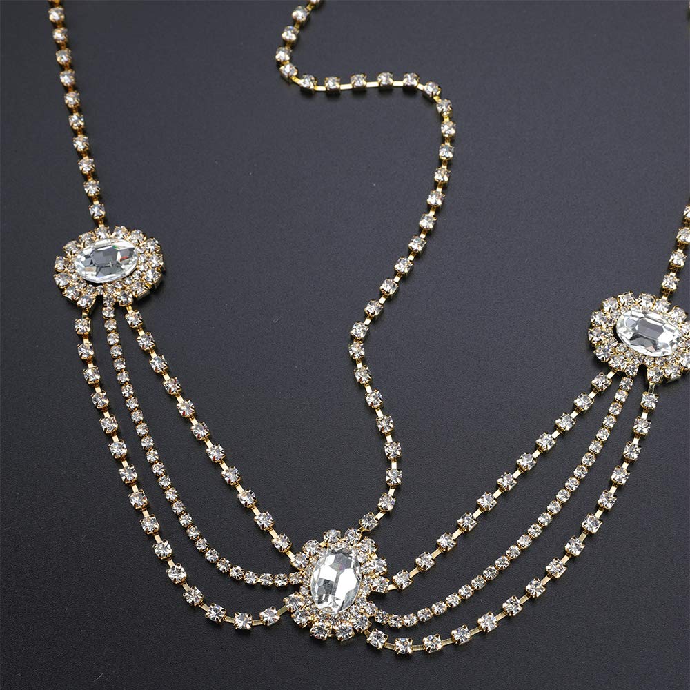 Xerling Clear Rhinestones Head Chain Crystal Headpiece for Women Girls Layered Chain Headband Bling Hair Accessories for Wedding Bridal Festival Costume (Gold)