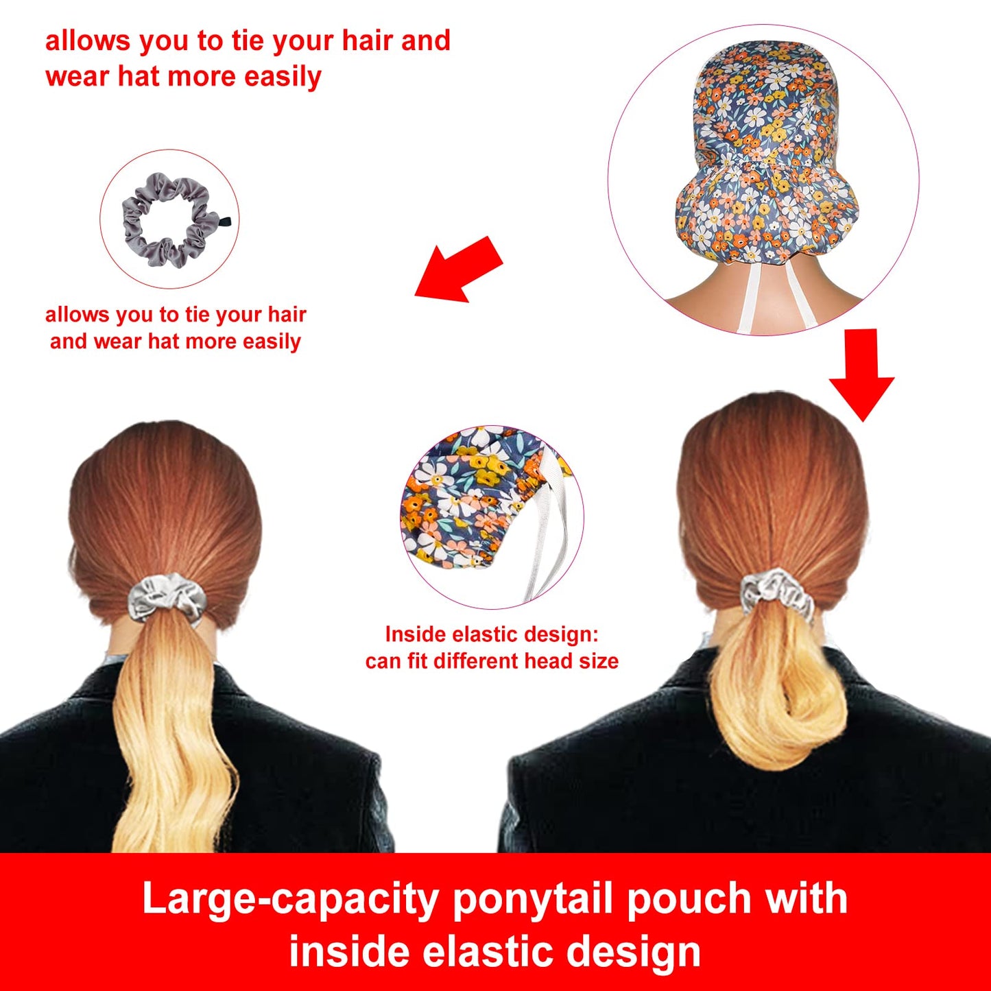 Scrub Cap with Buttons - Cotton Cap with Sweatband, Adjustable Ponytail Working Cap, Tie Back Hats for Women (Black)