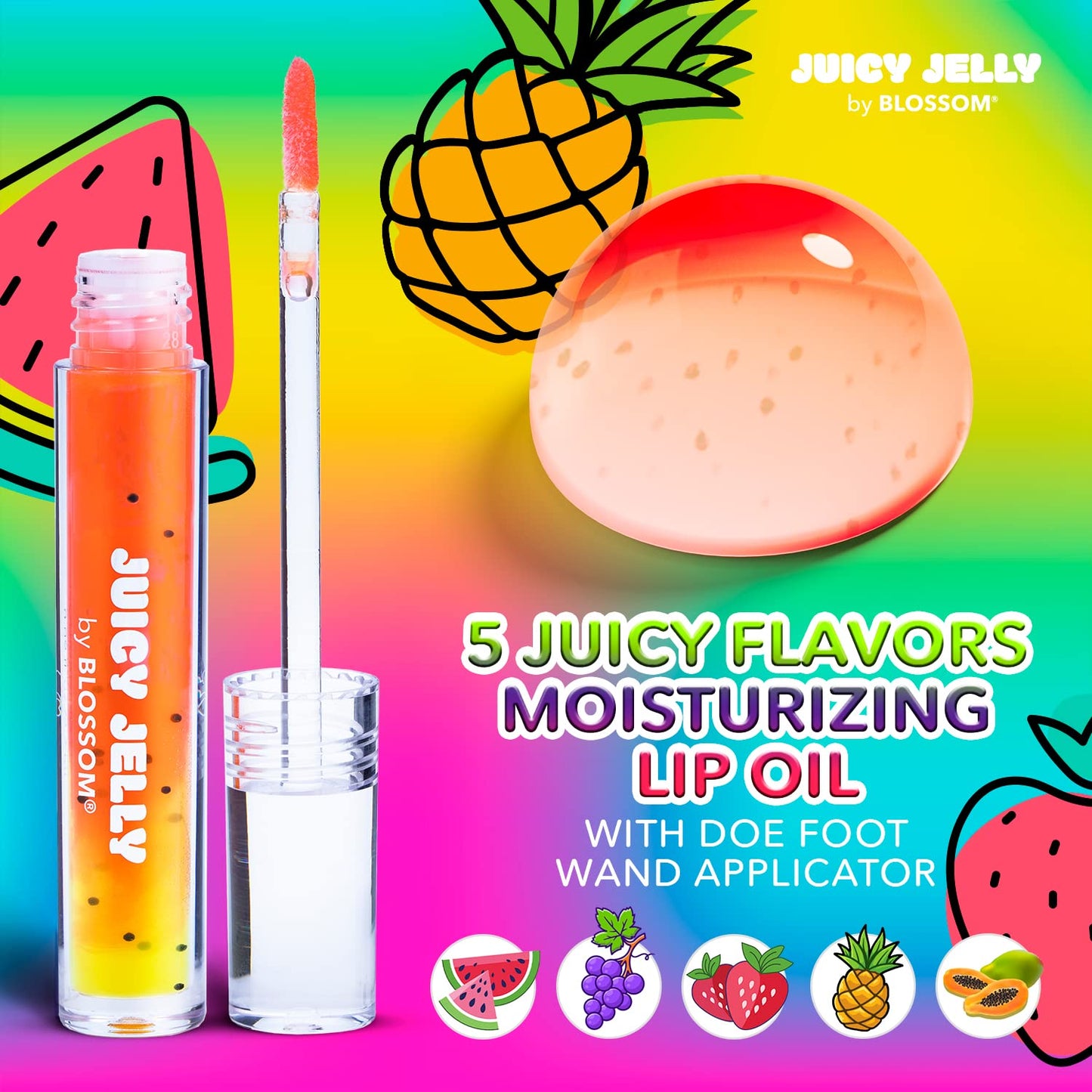 Blossom Juicy Jelly Moisturizing Lip Care Fruit Flavored Nourishing Lip Oil with Doe Foot Wand Applicator, 0.09 fl oz, Papaya