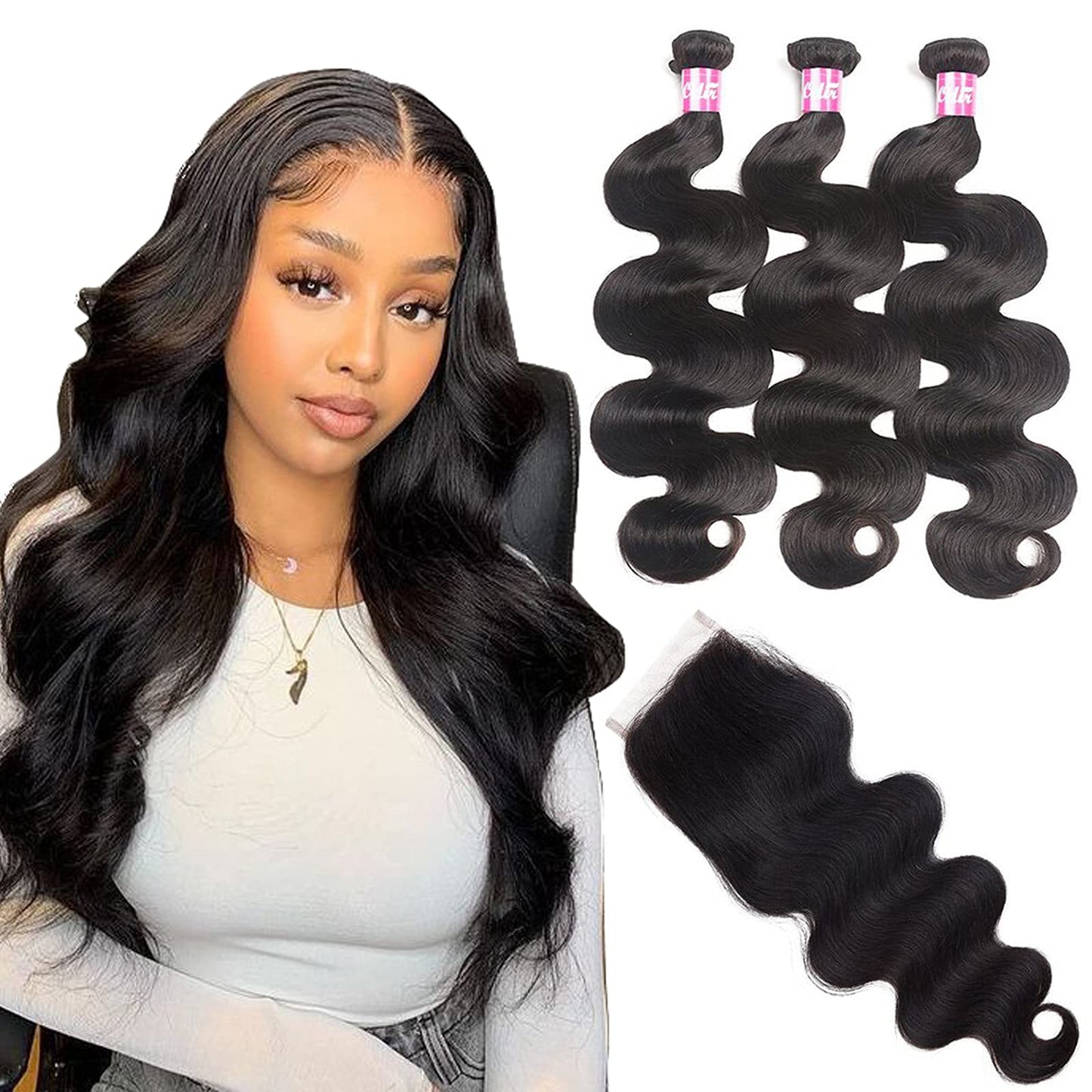 Odir Body Wave Human Hair Bundles with Closure 16 18 20+14 Inch Unprocessed 10A Brazilian Body Wave Virgin 3 Bundles with 4x4 Lace Clsoure Natural Color