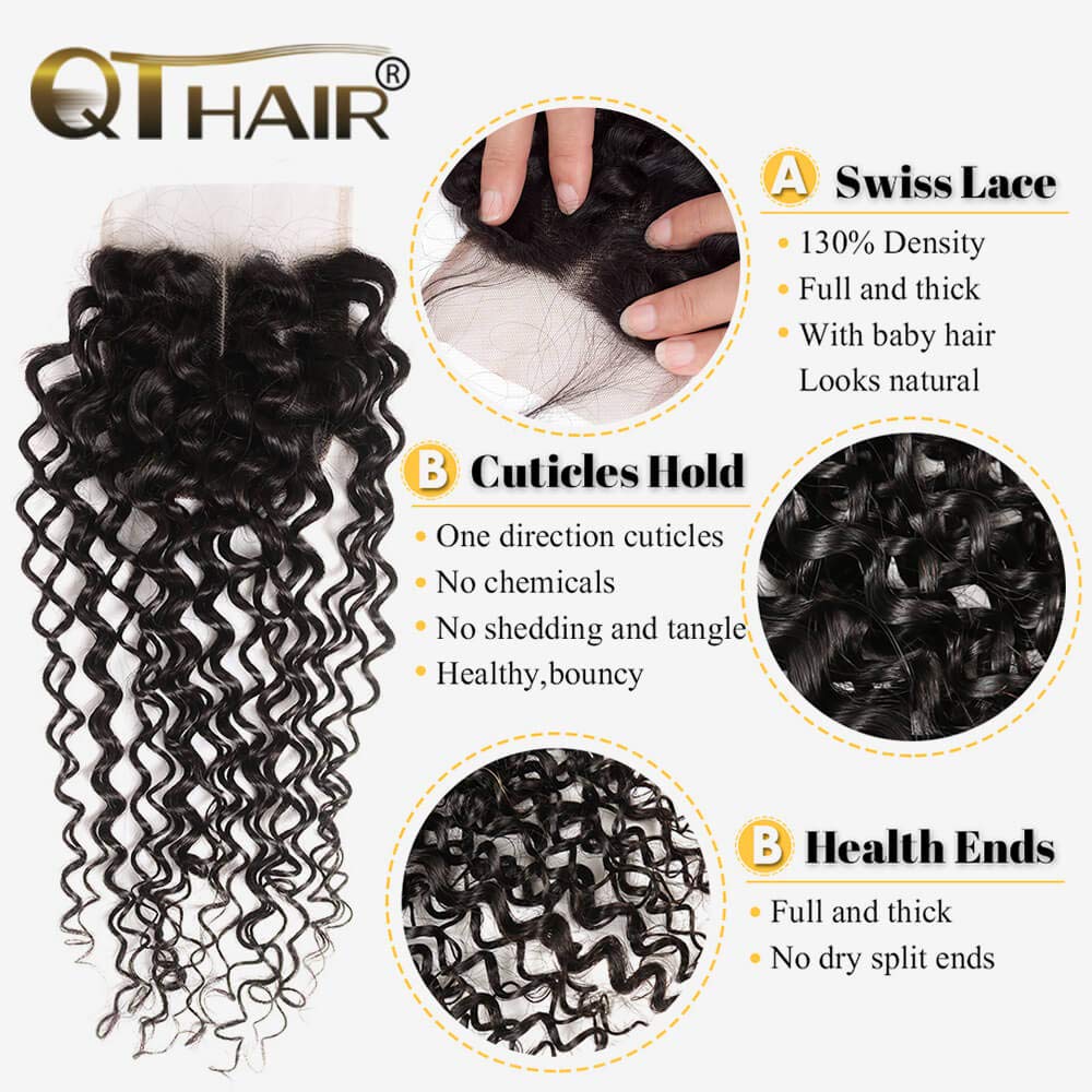 QTHAIR 14A Brazilian Curly Virgin Human Hair Bundles with 4X4 Middle Part Lace Closure Unprocessed Human Hair Extensions Natural (14 16 18+12,lace closure)