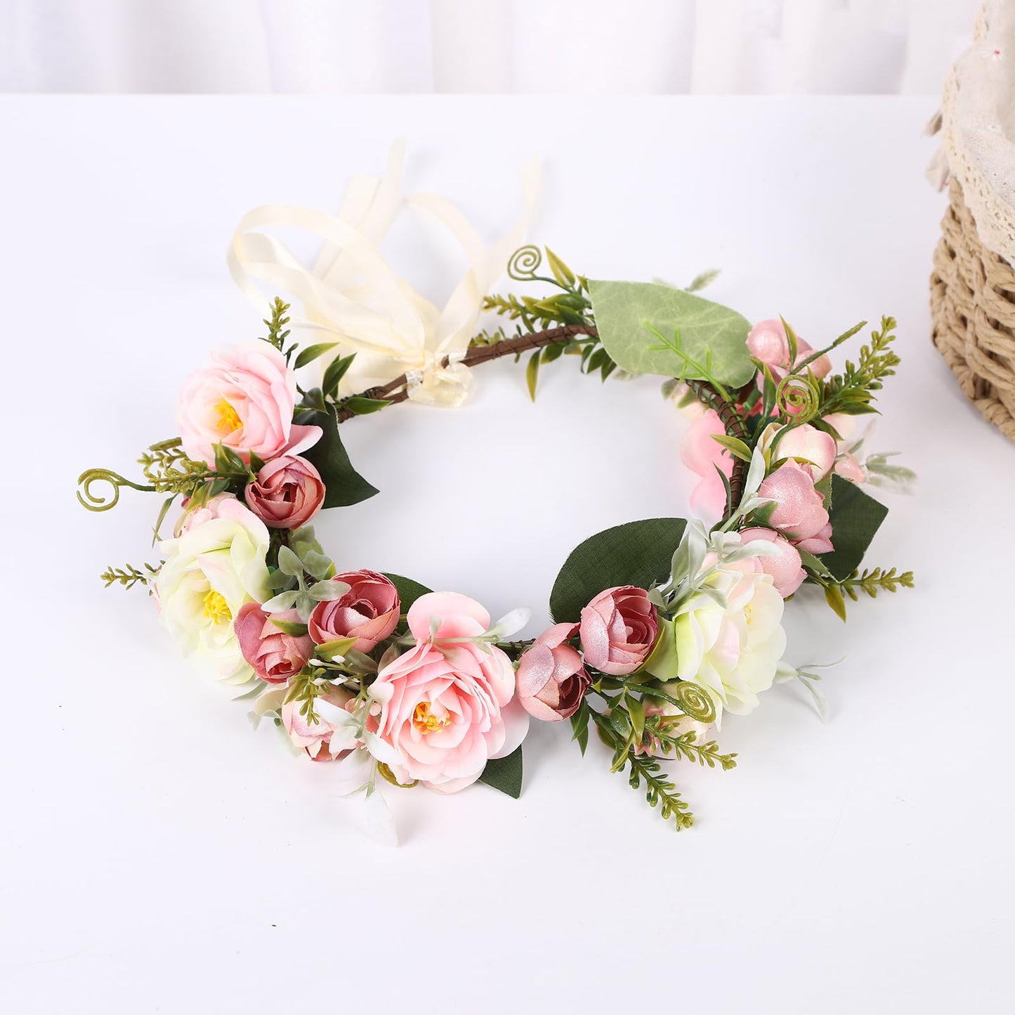 Vivivalue Women Floral Crown Girl Flower Headband Hair Wreath Floral Headpiece Halo Wedding Party Photos Pink