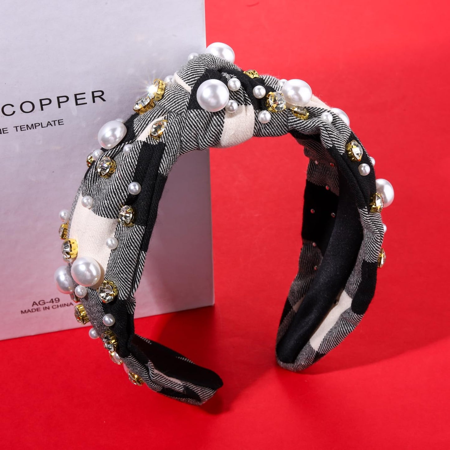 Women's Xmas Embellished Plaid Knotted Headband with Rhinestones, Crystals and Pearls - Holiday Outfit Accessory Gift (White Black)