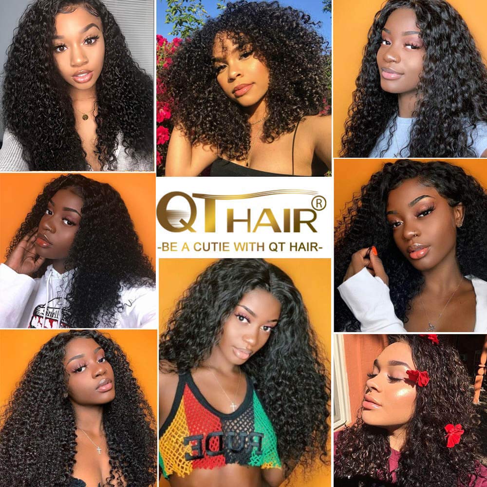 QTHAIR 14A Brazilian Curly Virgin Human Hair Bundles with 4X4 Middle Part Lace Closure Unprocessed Human Hair Extensions Natural (14 16 18+12,lace closure)