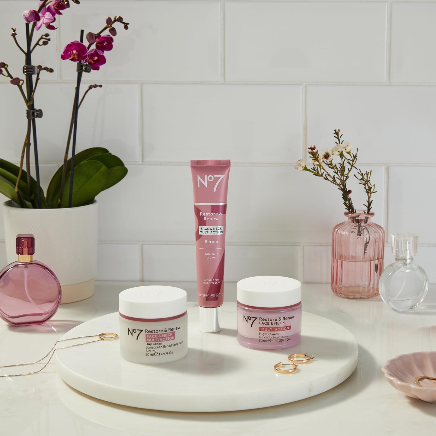 No7 Restore & Renew Multi-Action Face & Neck Serum - Anti Aging Serum for Deep Wrinkle Repair - Collagen Infused Face Serum with a Hydrating Blend of Hibiscus Peptides & Hyaluronic Acid (2.5 Fl Oz)