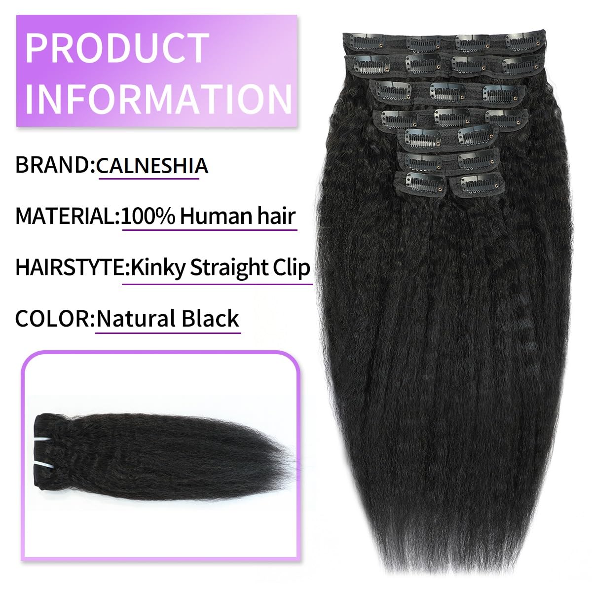 22 Inch Kinky Straight Clip in Hair Extensions Real Human Hair Yaki Straight Clip ins Seamless Remy Human Hair Clip in Extensions for Black Women Natural Black 8Pcs 100g 20 Clips