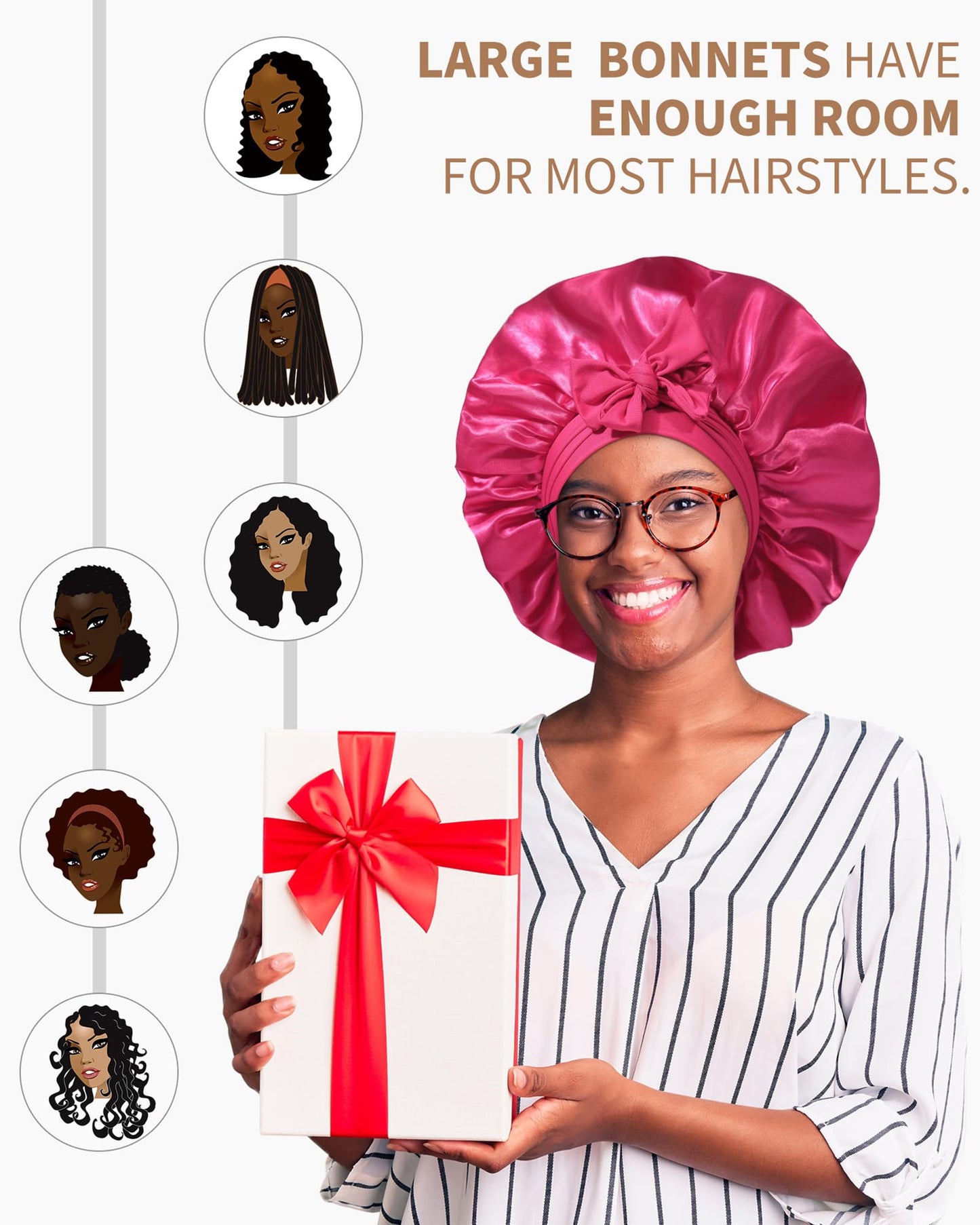 Satin Bonnet for Women Silk Bonnets for Sleeping Curly Hair Bonnet with Elastic Tie Band Reversible Double Layer Sleep Cap Hair Wrap (Rose Red + Pink)