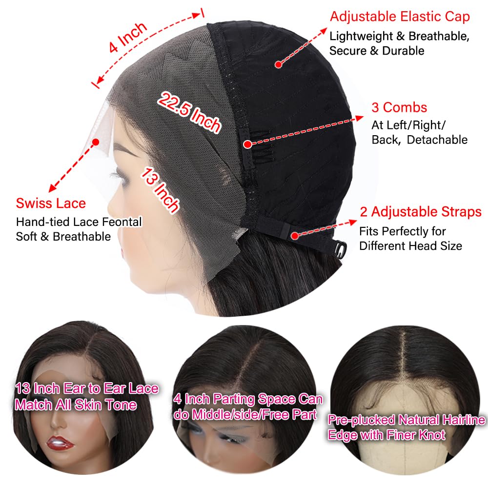 X-TRESS Bob Wig Human Hair Glueless Wig Wear and Go 13x4 HD Lace Front Wigs Human Hair Natural Black Pre-plucked Tiny Knots 14 Inch Short Straight Bob Wigs for Black Women 100% Brazilian Human Hair