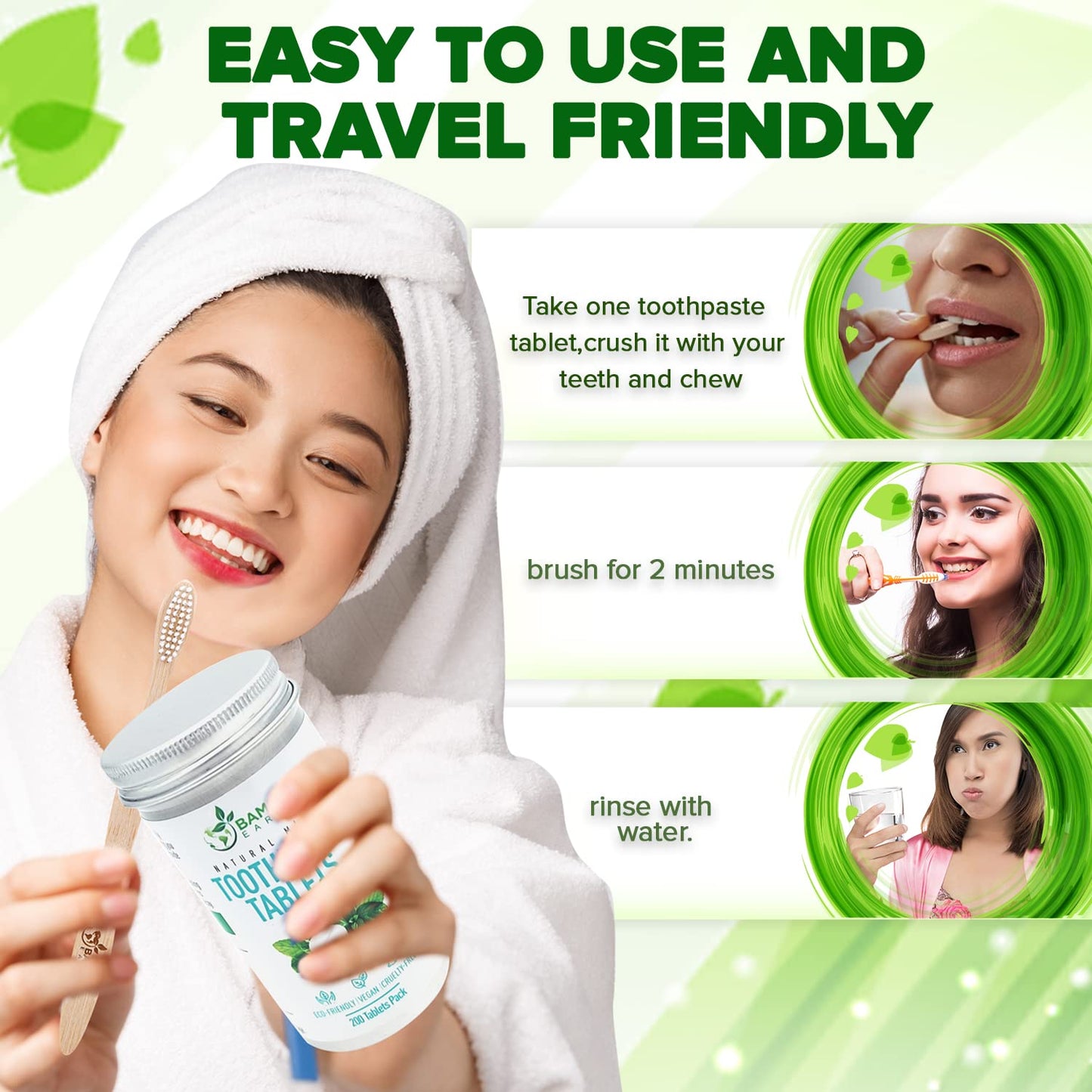 200 Pack Natural Toothpaste Tablet Bits - Chewable Mouthwash Whitening Bite Tablets for Teeth SLS & Fluoride Free Eco & Travel Friendly - Zero Waste Packaging - Mint & Activated Charcoal (Peppermint)