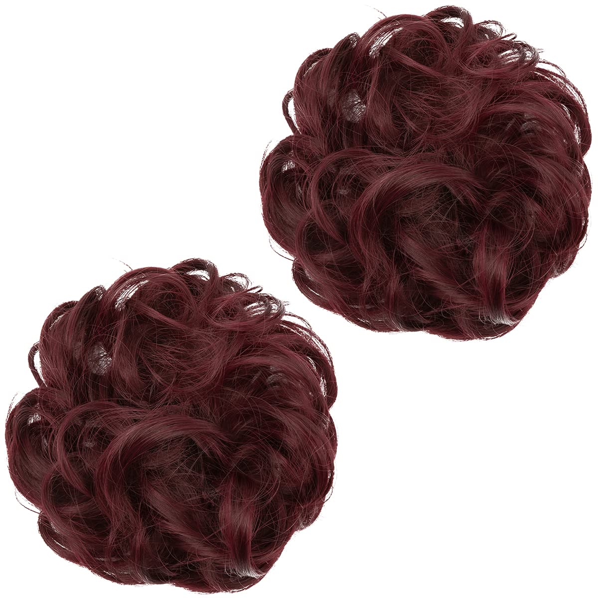 SARLA 2PCS Burgundy Messy Hair Bun Hair Pieces Wavy Curly Synthetic Updo Fake Scrunchies Ponytail Extension for Women Wine Red