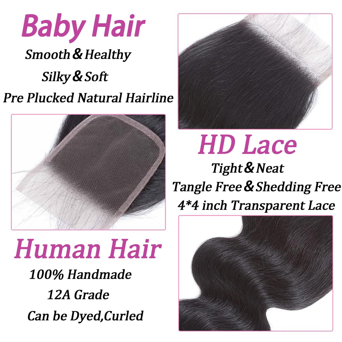 Brazilian Virgin Body Wave Bundles With Closure Three Part Unprocessed Virgin Human Hair Extension Hair Weave Bundles With Lace Closure 4X4 Natural Color (10 12 14+10 Inch)