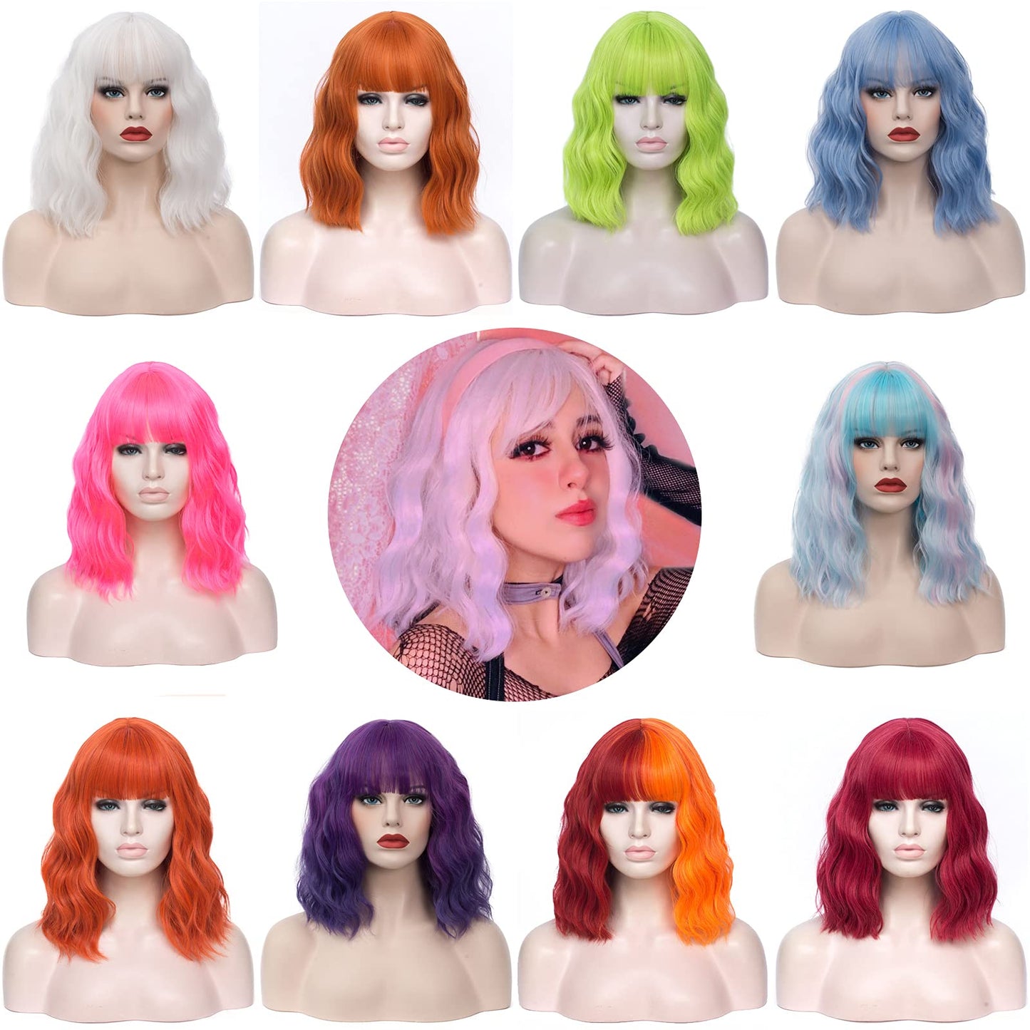 WGPFWIG Women's Mint Green Wig Short Curly Wavy Wig Shoulder Length Flat Bangs Wig For Women Girl Cosplay Party Halloween Wig Cap Included (Mint Green-20)