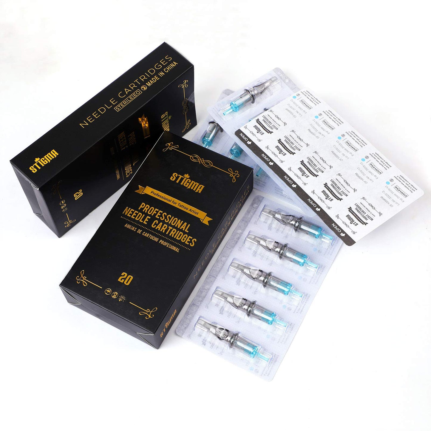 STIGMA Aquamarine Knight Tattoo Cartridges #12(11RS) 20Pcs Round Shader 0.35mm Standard M-Taper Disposable Tattoo Needle Cartridges with Membrane EN02B-20-1211RS