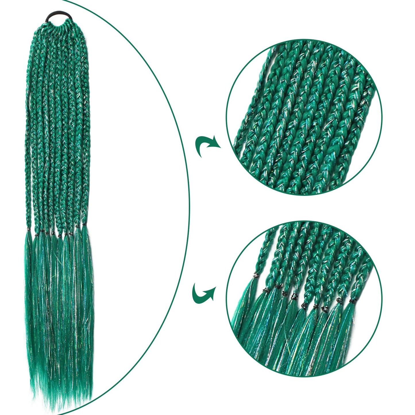 Savasana Green with Tinsel Pre stretched Braiding Hair, 26 Inches Box Braids Hair Extensions, 3 Packs Yaki Texture Braiding Hair Pre stretched