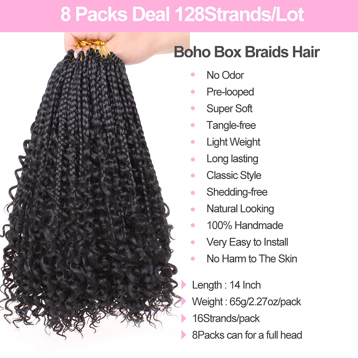 Unionbeauty 8 Packs Boho Box Braids Crochet Hair 14 Inch Messy Goddess Box Braids Crochet Hair Curly Ends Pre-looped Individual Synthetic Braiding Hair Bob Bohemian Hippie Braids for Black Woman 1B#