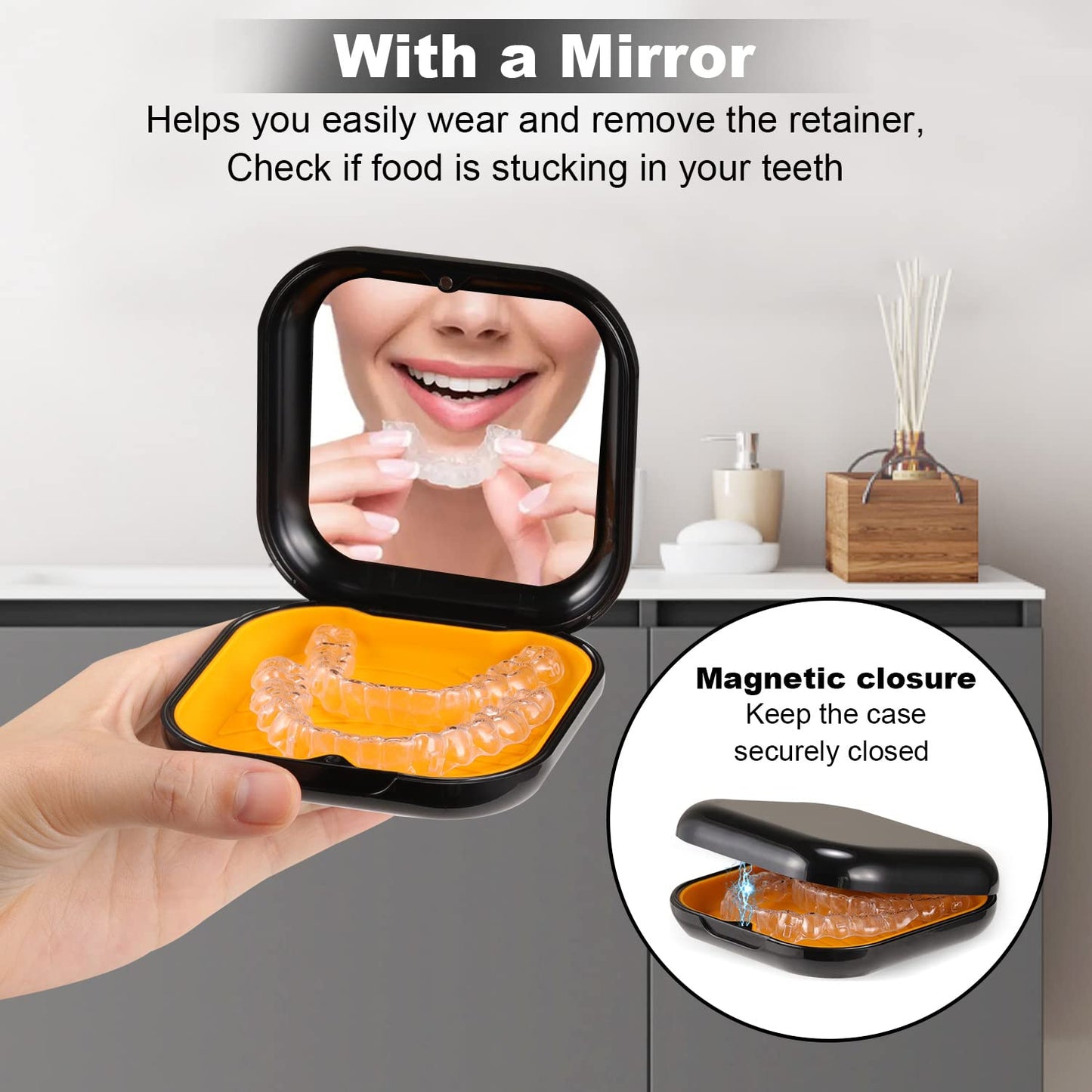 Retainer Case, Slim Aligner Case with Mirror, Compatible with Invisalign, Night Guard and Mouth Guard, Premium Retainer Case, With Aligner Remover Tool, Chew & Brush, Black