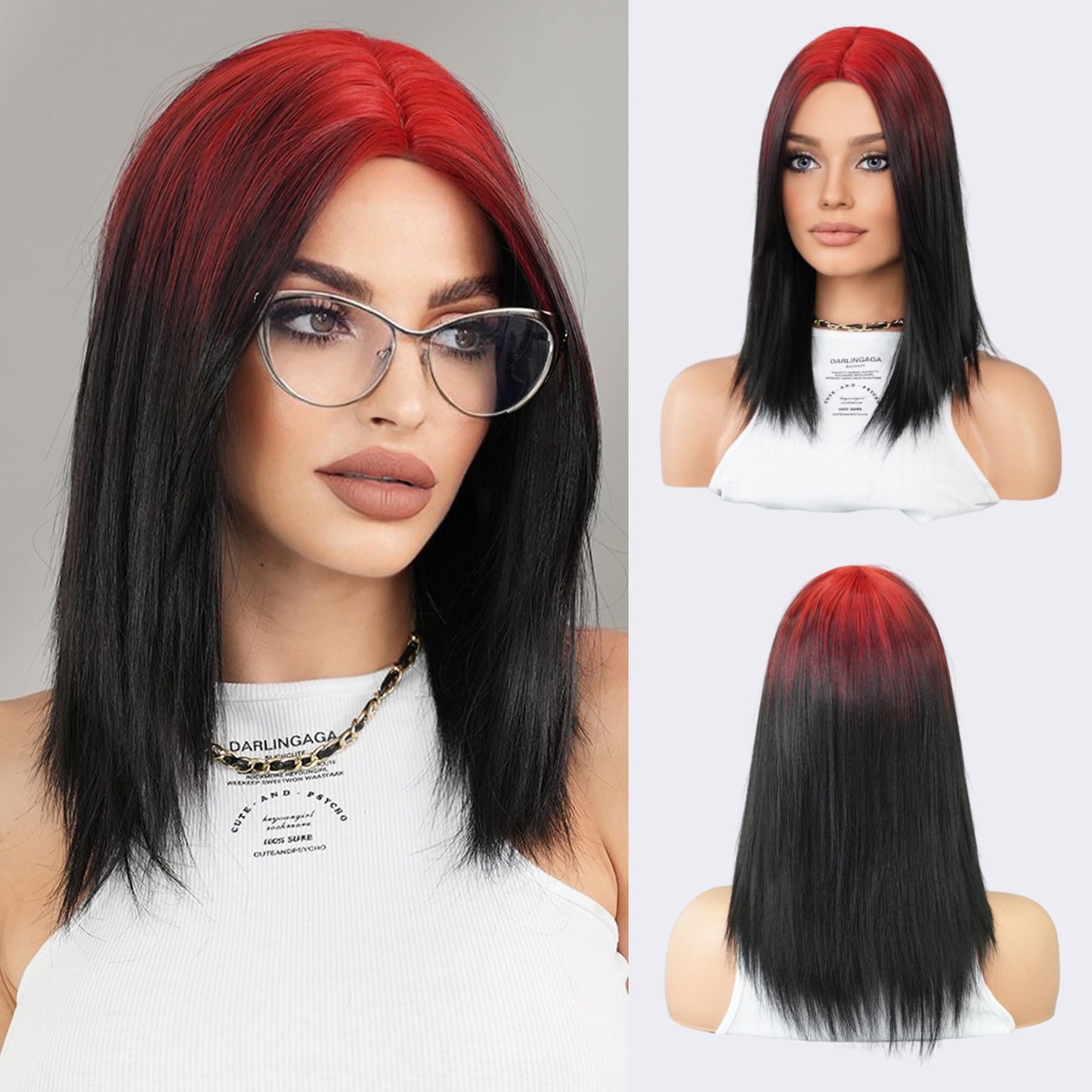 PARK YUN Red black Ombre Shoulder Length Straight Wig 19 Inch Short Straight Layered Wig Middle Part Synthetic Heat Resistant Wig for Women Daily Party used.
