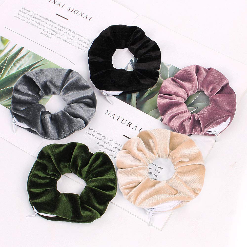Premium Velvet Scrunchies with Zipper Pouch - Hair Ties with Hidden Pocket, Soft Elastic Hair Bands for Women and Vsco Girl Stuff (8 Pcs B)