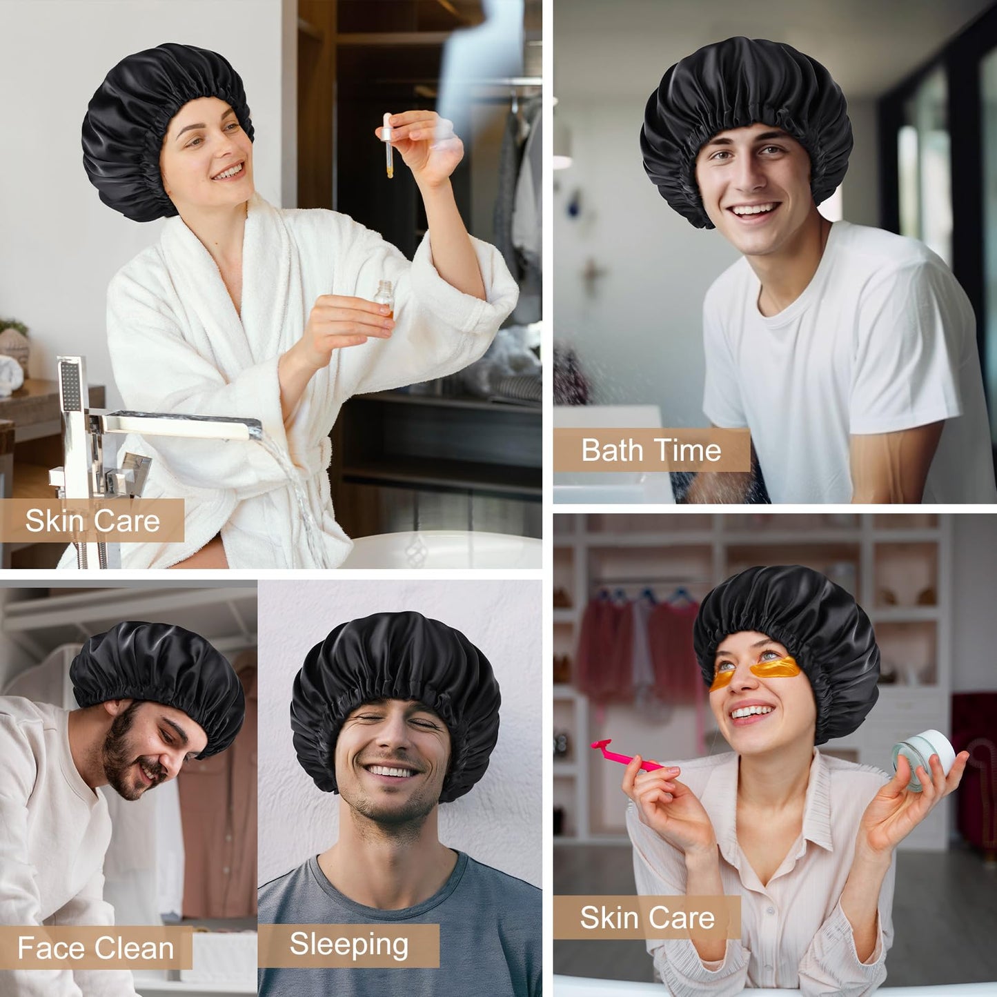 Silk Bonnet for Men Sleeping Satin Bonnet Hair Bonnets Double Layer Ajustable Bonnet Curly Braids Hair for Black Men and Women Sleep Cap (Black/Champagne)